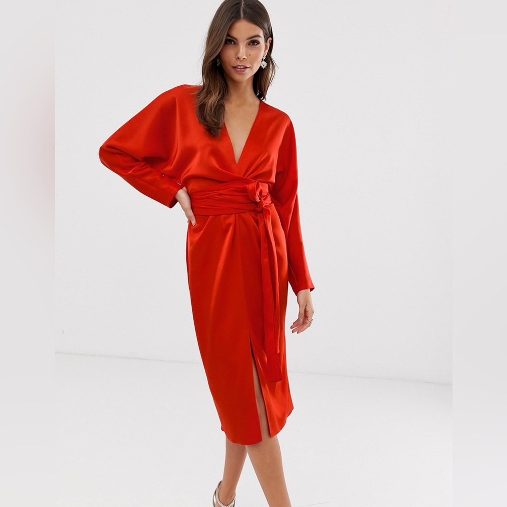ASOS DESIGN satin midi dress with batwing sleeve and wrap waist in red